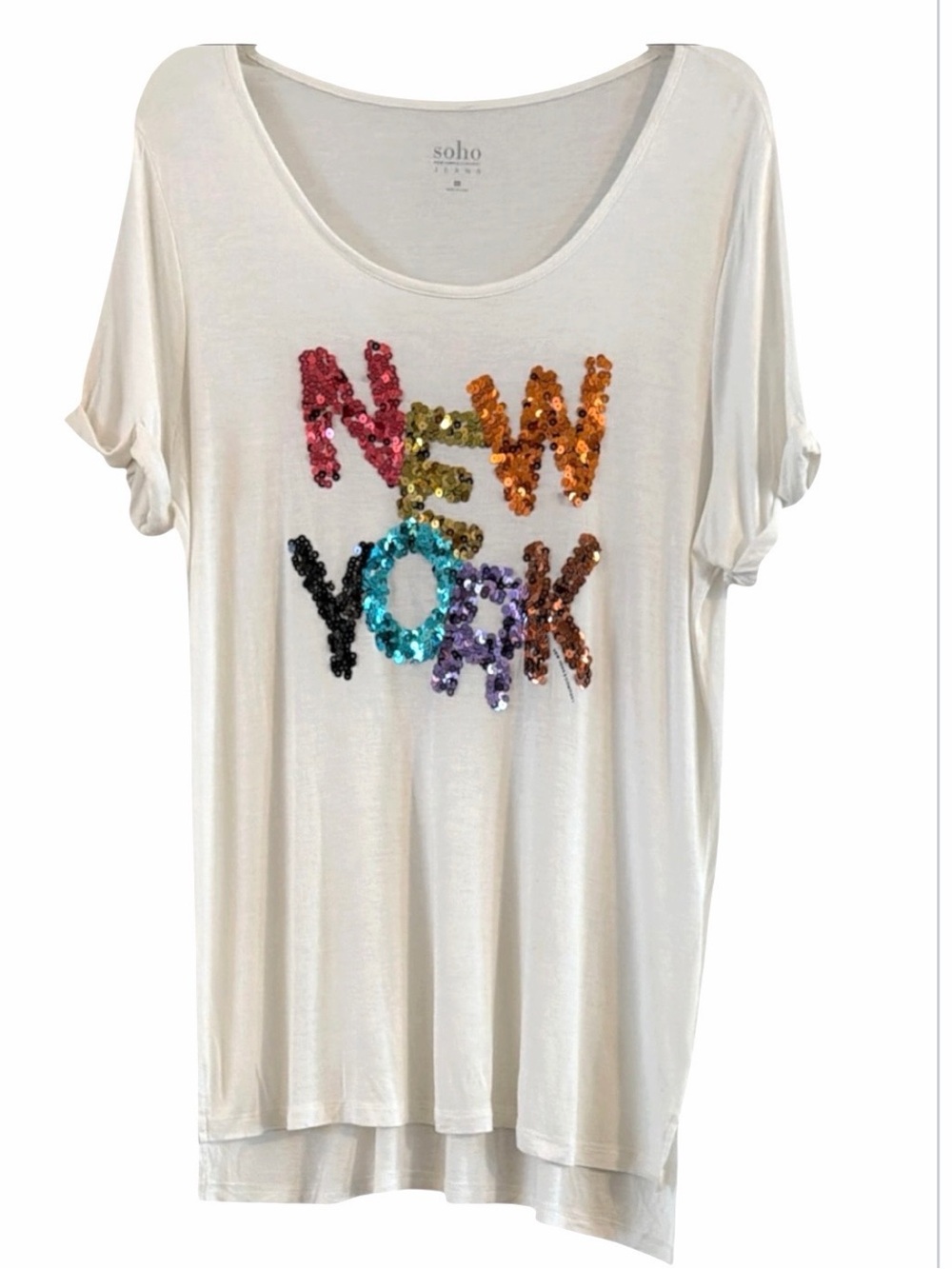 New York & Co SOHO Jeans 100% Rayon Rainbow Sequin New York Graphic Tee XL